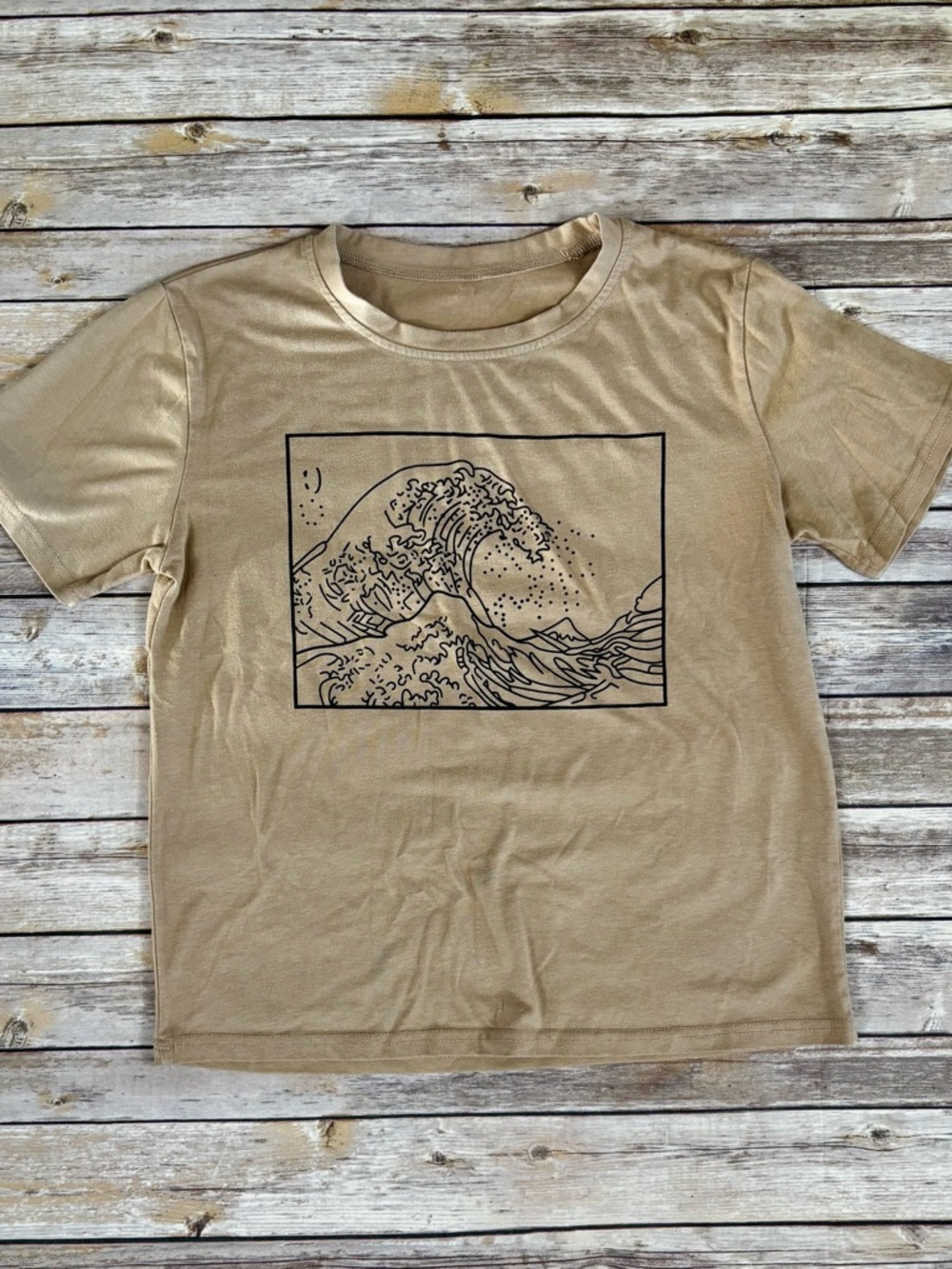 SHEIN Tan Graphic Tee, Great Wave, Beige, Medium